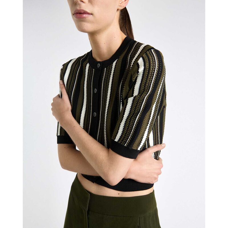Cue Olive Textured Stripe Short Sleeve Cardigan image number 2